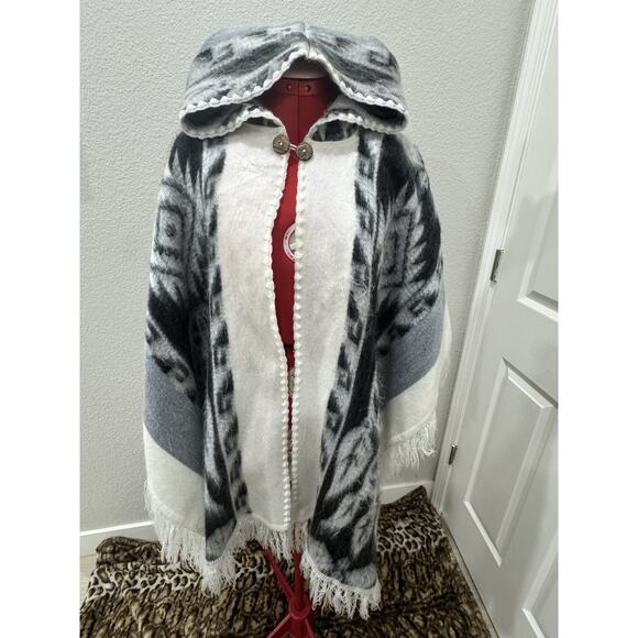 Yachai Sweaters - Hooded Cape Shawl Sweater Coat Black Gray White Fringe Boho Poncho
